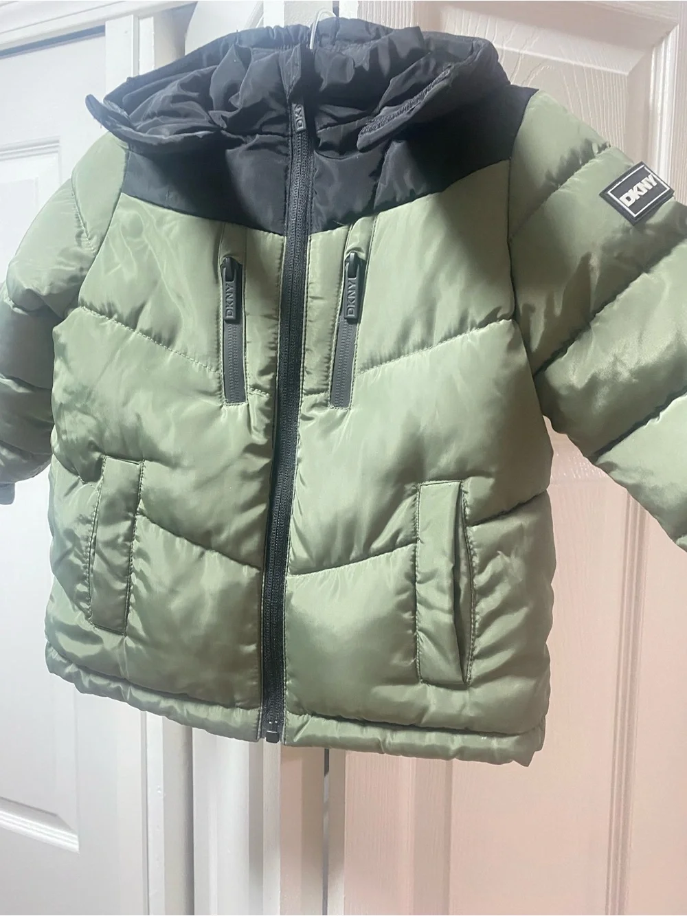 DKNY Boys Olive Green Puffer Jacket with Black Hood